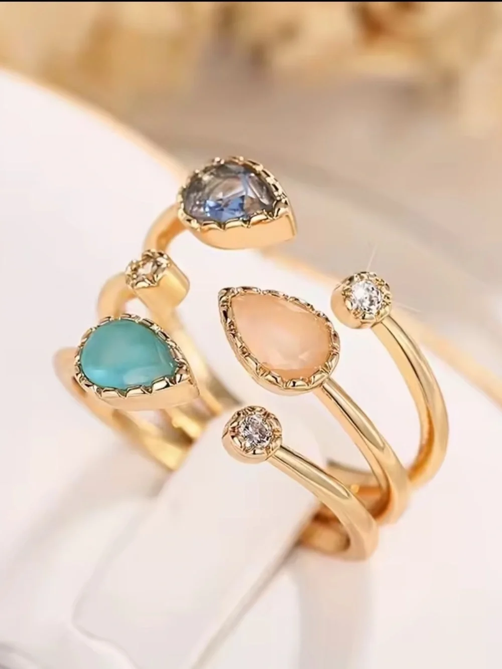 Golden Pastel Gemstone Adjustable Cocktail Ring